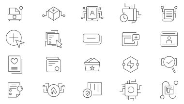 Dijitalleştirme doğrusal simgesi seti. Dijital teknoloji, bulut hesaplama, mobil ödeme, kodlama, çip, vr gözlükleri, yenilik, ağ, yapay zeka taslak koleksiyonu. İnce taslak simgeleri kullan.