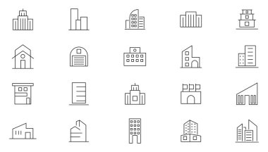 İnce çizgi simgesi oluşturuluyor. Daire, Endüstri, ev, hastane, restoran, şehir, ev, otel, daire, alışveriş merkezi, kahve dükkanı, arazi damgası, tarihi yer ve iocn koleksiyonu.