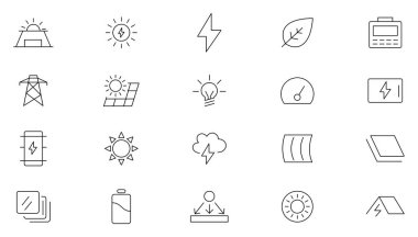 Güneş Enerjisi Hattı Simgeleri ayarlandı. Enerji ve enerji endüstrisi, güneş enerjisi, yenilenebilir enerji kaynağı, çevre dostu ve güç satın alma anlaşması ikon koleksiyonunu özetliyor. İnce taslak simgeleri kullan