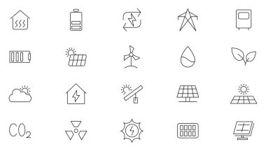 Güneş Enerjisi Hattı Simgeleri ayarlandı. Enerji ve enerji endüstrisi, güneş enerjisi, yenilenebilir enerji kaynağı, çevre dostu ve güç satın alma anlaşması ikon koleksiyonunu özetliyor. İnce taslak simgeleri kullan