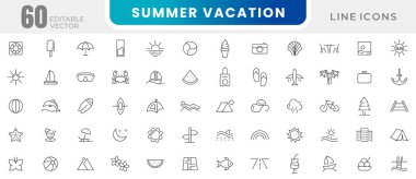 Yaz tatili düzenlenebilir satır simgesi seti. Seyahat, deniz, sörf, sahil, otel, havaalanı, biletler, tur, rahatlama ikon koleksiyonu. İnce taslak simgeleri kullan.