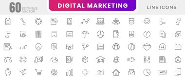 Dijital pazarlama çizgisi simgeleri ayarlandı. Sosyal, ağlar, geribildirim, iletişim, pazarlama, ekommerce, içerik, arama, ecommerce, seo, internet, analiz, pazarlama ve arama motoru optimizasyon simgeleri koleksiyonu.