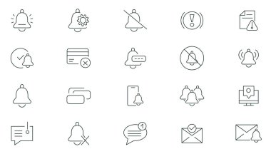 Bildirim hattı simgeleri koleksiyonu. Bildirim, Hatırlatma, Çanlar, Ses, Mesaj, Uyarı, Risk, Dikkat, Uyarı, Ünlem, Uyarı Bilgileri ve Sohbet Simgesi Paketi. İnce taslak simgeleri kullan.