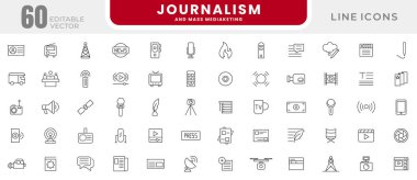 Gazetecilik ve kitle iletişim hattı simgesi seti. Haber, mikrofon, daktilo, TV programı, gazeteci, ofis, haber muhabiri, basın toplantısı ve gazete vurucu simgeleri koleksiyonu.