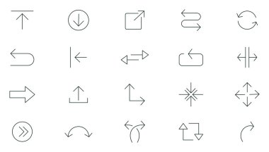 Ok çizgisi simgesi ayarlandı. Kara ok ikon koleksiyonu. İnce taslak simgeleri kullan.