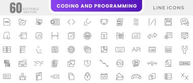 Programlama ve kodlama çizgisi simgeleri ayarlandı. Bilgi teknolojisi, yazılım geliştirme, kod, api, web geliştirme, web sitesi, bulut, uygulama, veri, yazılım, algoritma, api, oluşturma, program, geliştirici ana simge koleksiyonu.