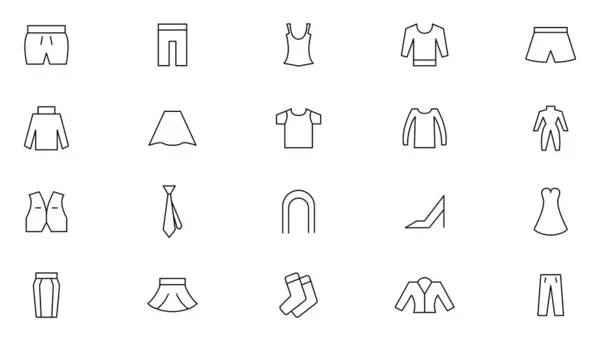 Stock vector Clothing and fashion line icon set. Jacket, winter coat, sweatshirt, hoody, pullover, bathsuit, evening dress, cardigan, hanger and other apparel outline icon collection. UI thin outline icon set.