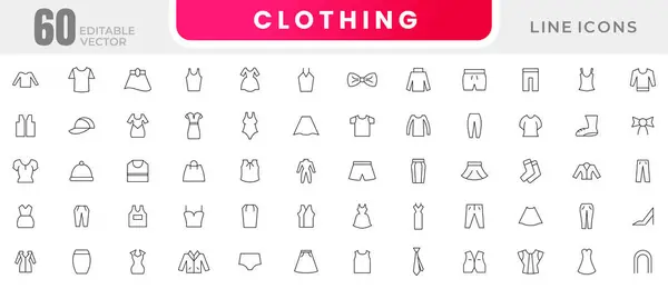 stock vector Clothing and fashion line icon set. Jacket, winter coat, sweatshirt, hoody, pullover, bathsuit, evening dress, cardigan, hanger and other apparel outline icon collection. UI thin outline icon set.