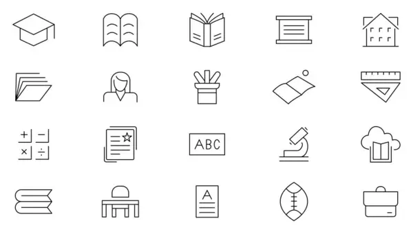 Okul çizgisi simgeleri ayarlandı. Eğitim, öğrenim, okul, çevrimiçi okul, özet eğitim, mezuniyet, ders, ders, kitap, teleskop, sırt çantası ve otobüs ana hatları ikonu koleksiyonu. İnce taslak simgeleri kullan.