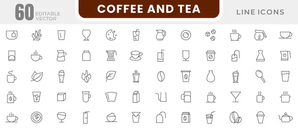 Kahve ve çay çizgisi ikonları hazır. Kahve dükkanı, fasulye, sıcak kahve, espresso bardağı, cappuccino, imalat makinesi taslak ikonu koleksiyonu. İnce taslak simgeleri kullan.