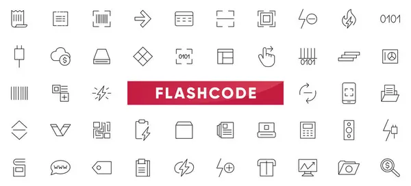 Flashcode doğrusal simge seti. Çevrimiçi, barkod, ödeme, detaylar, kod, tarama simgesi koleksiyonu. İnce taslak simgeleri kullan.
