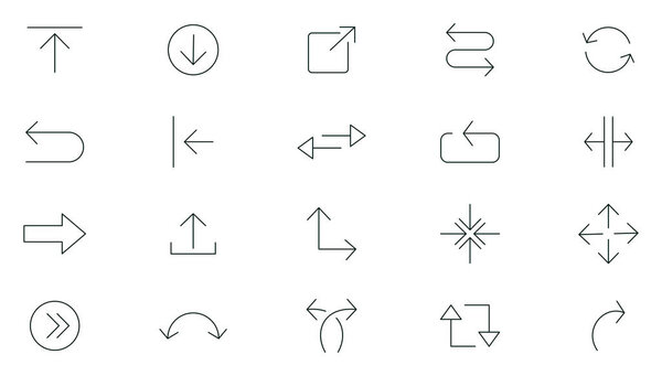 Набор значков линии стрелки. Черная стрелка очерчивает коллекцию икон. Тонкие контуры интерфейса.