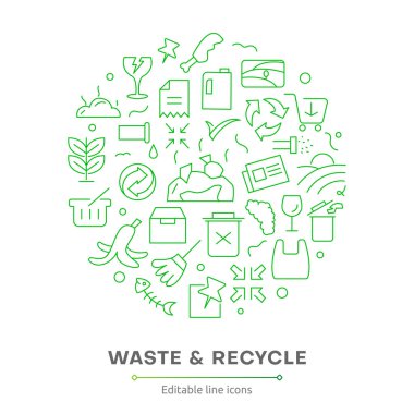 Atık ve Geri Dönüşüm Hattı simgesi seti. Çöp ayıklama, atık ayıklama ve geri dönüşüm ana hatları ikon koleksiyonu. Çöp, Plastik, Kağıt, Şişe, Kutu, Fabrika, Gıda, Kirlilik, Geri dönüşüm simgesi.