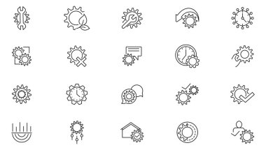 Ayar ve dişli ikonu koleksiyonu. Çark, ayar düğmesi, anahtar aracı, tamir, yenilik ve kurulum satırı simgesi seti. Kullanıcı ana hatları simgeleri paketi 