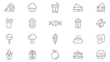 Yemek hattı ikonu koleksiyonu. Fast food, içecekler, bar, restoran, yemek, meyve, yemek, kahve ve sağlıklı yemek ikonu. Kullanıcı ana hatları simgeleri paketi. 