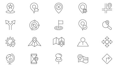 Konum çizgisi simgesi koleksiyonu. Navigasyon, seyahat, trafik, nokta, GPS, pusula ve uzaklık simgesi ayarlandı. Kullanıcı ana hatları simgeleri paketi