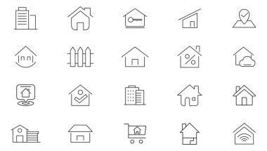 Ev ve ev çizgisi ikonu koleksiyonu. Gayrimenkul, bina, anahtar, akıllı ev, aile, ev kredisi, kira ve yönetim ikonu seti. Kullanıcı ana hatları simgeleri paketi
