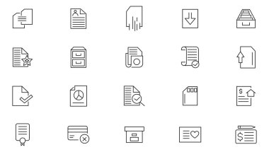 Belge satırı simgesi ayarlandı. Sipariş başvurusu, pasaport, sözleşme, anlaşma, kimlik kartı, sertifika, ehliyet, hukuk ve adalet hattı ikonu içeren rapor kağıdı. İnce satır simgesi kullan.