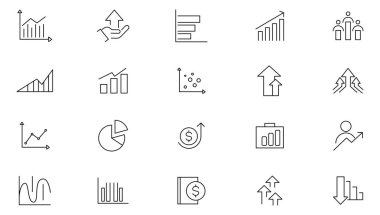 Büyüme çizgisi simgesi koleksiyonu. Liderlik, vizyon, akıl hocası, beceri, yaratıcılık, sıkı çalışma, motivasyon, tazminat, kariyer, insan kaynakları ve kalkınma ikonu setine sahip resimler. Kullanıcı ana hatları simgesi paketi.