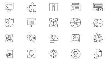 Eylem Planı simgesi koleksiyonu. Görev, arama stratejisi, uygulama, planlama, program, strateji, analiz, iş akışı, hedef ve yönetim gözden geçirme simgesi belirlendi. Kullanıcı ana hatları simgesi paketi