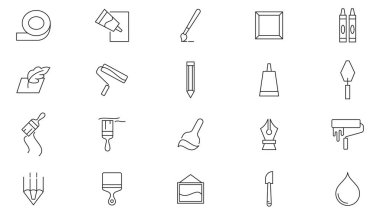 Fırçalar ve boyama çizgisi ikonu koleksiyonu. Boya, boya silindiri, fırça, çekiç, boya kovası, sprey, renk paleti, malzeme ikonu seti. Kullanıcı ana hatları simgesi paketi.