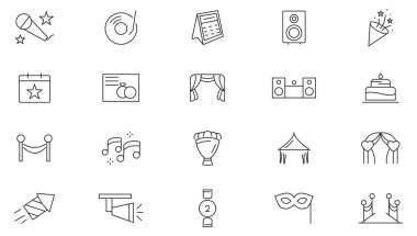 Olay planlama çizgisi simgesi koleksiyonu. Düğün, eğlence, davetiyeler, organizasyon, yönetim, dekorasyon, mekan, etkinlik planlayıcısı ve koordinasyon ikonu seti. Kullanıcı ana hatları simgesi paketi