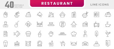 Restoran menüsü ikon koleksiyonu. Yemek ve içecek, masa, aşçı, yemek pişirme, dağıtım, içecek, su, mutfak, restoran kafe menüsü, yemekler, meyve, fast food ikonu seti. Kullanıcı ana hatları simgesi paketi