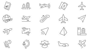 Uçak hattı ikon koleksiyonu. Havacılık, seyahat, terminal, havaalanı, ulaşım, navigasyon ve uçak ikonu seti. Kullanıcı ana hatları simgesi paketi