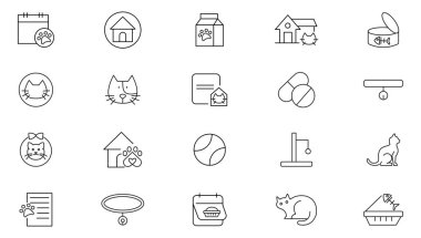 Kedi çizgisi ikon koleksiyonu. Veteriner, hayvan, veteriner, hayvan bakıcısı, köpek bakıcısı, eğitim, yemek, aşı, hayvan bakımı ve köpek patisi çizgisi ikonu. Kullanıcı ana hatları simgesi paketi