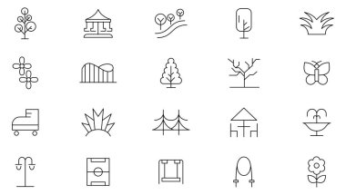 Park çizgisi ikonu koleksiyonu. Şehir, park, oyun alanı, depo, seyahat, yürüyüş, bank, ağaç, orman, piknik, çocuklar ve bahçe ikonu seti. Kullanıcı ana hatları simgesi paketi