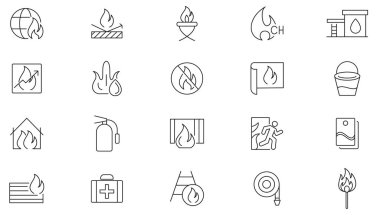 Ateş hattı ikonu koleksiyonu. Alev, enerji, yanma, doğa, şenlik ateşi, tehlike, ateş topu ve flaş ikonu seti. Kullanıcı ana hatları simgeleri paketi