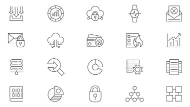 Veri çizgisi simgesi koleksiyonu. Bulut verileri, veritabanı, veri analizi, bulut hesaplama, sunucu trafiği, web güvenliği, sunucu ve bulut hesaplama simgesi seti. Kullanıcı ana hatları simgeleri paketi