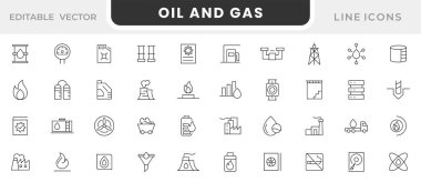 Petrol ve gaz hattı simgesi hazır. Yenilenebilir enerji, alternatif, yakıt istasyonu, Otomasyon, Depo, Üretim, İşçi, Crane, Kimyasal, Assembly hattı ikonu seti. İnce satır simgesi kullan.