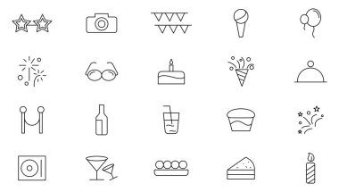 Kutlama ve Parti hat simgesi seti. Kutla, kutla, dans et, müzik, tebrikler, doğum günü, dans, mutlu yıllar, hafta, Noel, eğlence, davetiye hattı ikonu seti. İnce satır simgesi kullan.