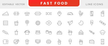 Fast Food marka ikon seti. Paket yemek, abur cubur, fast food, paket yemek, sokak yemeği, hamburger, yemek, restoran, yemekler, meyve, fast food, hamburger, pizza, kahve, sandviç hattı ikonu seti. İnce satır simgesi kullan.