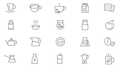 Çay ve kahve ikonu seti. Kahve makinesi, fasulye, espresso bardağı, bardak, yaprak, ambalaj, çay poşeti, bardak, sertifika, çaydanlık, tek kullanımlık kahve makinesi, makine, tavsiye edilen çizgi simgesi seti. İnce satır simgesi kullan.