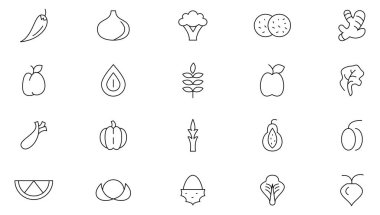 Sebze çizgisi simgesi seti. Vejetaryen yemeği, düzgün beslenme, domates, kiraz, salatalık, biber, brokoli, patates, havuç, lahana, balkabağı, kök, sarımsak çizgisi ikonu seti. İnce satır simgesi kullan.