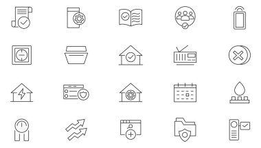 Kamu Hizmetleri çizgi simgesi seti. Su, yakıt, elektrik, güneş evi, bakım, ev, fatura, servis, sayaç, gaz, drenaj, çöp temizleme, büyük onarım, ısıtma hattı ikonu seti. UI ince çizgi simgesi seti.  