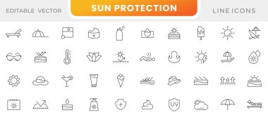 Güneş koruma hattı simgesi ayarlandı. Güneş kremi, ultraviyole, güneş gözlüğü, güneş ışığı, krem, ultraviyole ışık, güneş yanığı, güneş kremi, cilt bakımı, yüz kremi, bronzlaşma kremi seti. Ui ince çizgi simgesi. 