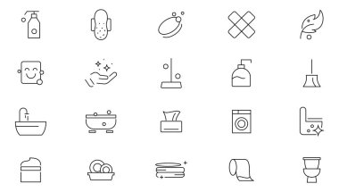 Hijyen çizgisi simgesi hazır. Temizlik, çamaşır yıkama, duş, seminer, sabun, solunum maskesi, antiseptik, temizlik, ev işi, toz alma çizgisi ikonu seti. Ui ince çizgi simgesi. 