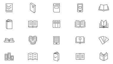 Kitap ve Okuma satırı simgesi seti. Kitap ve okuma. E-kitaplar, kütüphane, edebiyat, çevrimiçi eğitim, bilgi, küresel, sesli kitap, video dersi, ders satırı simgesi seti. Ui ince çizgi simgesi. 