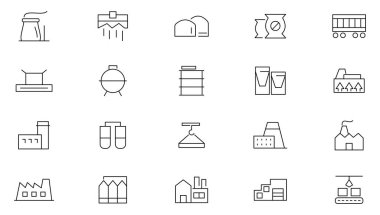 Fabrika çizgisi simgesi seti. Üretim, ticaret, montaj hattı, verimlilik, standartlaşma, otomasyon, taşıma bandı, kopyalanma, ekonomi hattı ikonu seti. İnce satır simgesi kullan.