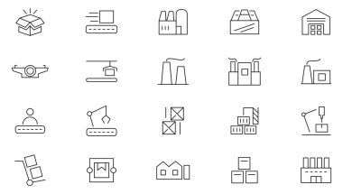 Fabrika çizgisi simgesi seti. Üretim, ticaret, montaj hattı, verimlilik, standartlaşma, otomasyon, taşıma bandı, kopyalanma, ekonomi hattı ikonu seti. İnce satır simgesi kullan.