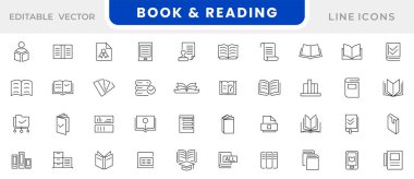 Kitap ve Okuma satırı simgesi seti. Kitap ve okuma. E-kitaplar, kütüphane, edebiyat, çevrimiçi eğitim, bilgi, küresel, sesli kitap, video dersi, ders satırı simgesi seti. Ui ince çizgi simgesi. 