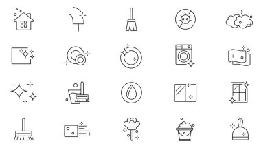 Ev Temizleme Hattı simgesi seti. Yerleri, pencereleri, bulaşıkları, giysileri, su kirliliğini, çamaşır deterjanını, çamaşır ipi simgesini. İnce satır simgesi kullan.