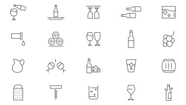 Şarap imalatı ve şarap çizgisi ikonu seti. Üzüm, şarap kadehi ve şişe, tirbuşon, fıçı, şişe, üzüm, şarap şeridi ikonu seti. İnce satır simgesi kullan.