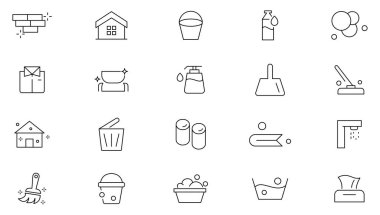 Ev Temizleme Hattı simgesi seti. Yerleri, pencereleri, bulaşıkları, giysileri, su kirliliğini, çamaşır deterjanını, çamaşır ipi simgesini. İnce satır simgesi kullan.