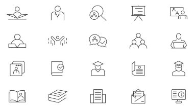 Öğretmen satırı simgesi seti. Bilgi, E-öğrenme, video dersi, çalışma, okul, üniversite, webinar, öğretmen, okul, yaratıcılık, bilgelik çizgisi simgesi seti. İnce satır simgesi kullan.