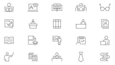 Öğretmen satırı simgesi seti. Bilgi, E-öğrenme, video dersi, çalışma, okul, üniversite, webinar, öğretmen, okul, yaratıcılık, bilgelik çizgisi simgesi seti. İnce satır simgesi kullan.