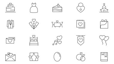 Düğün çizgisi simgeleri ayarlandı. Güzellik kutlaması, gelin düğünü, düz ikon koleksiyonu. UI düz simgeler koleksiyonu. İnce taslak simgeleri paketle